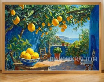 Mediterranean Lemon Wall Art Print, Amalfi Coast Italy Poster Canvas, Blue Coastal Terrace Citrus Painting Decor