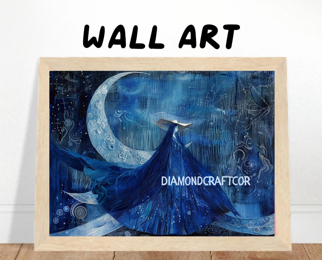 Mystical Moon Woman Wall Art Print, Celestial Blue Fantasy Poster ...