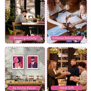 May include: Four images showing the benefits of diamond painting. The first image shows a person relaxing and painting. The second image shows two people painting together. The third image shows two diamond painting kits with a woman and a man on the front. The fourth image shows people exchanging gifts.