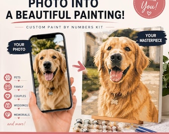 May include: A custom paint by numbers kit featuring a smartphone displaying a golden retriever photo next to a canvas painting of the same dog. The text reads: Turn Your Favorite PHOTO INTO A BEAUTIFUL PAINTING! CUSTOM PAINT BY NUMBERS KIT.