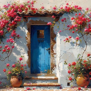 May include: A vibrant blue wooden door set into a textured white wall, framed by climbing pink rose vines. Two terracotta pots filled with blooming red roses sit on the stone steps at the base of the door, which features a small window pane.
