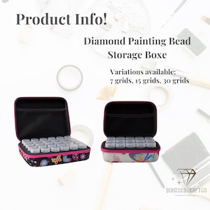 May include: A black and white storage box with a pink butterfly design. The box has multiple compartments for storing small items. The box is open and the compartments are visible. The text "Diamond Painting Bead Storage Boxe" is visible on the image. The text "Variations available: 7 grids, 15 grids, 30 grids" is also visible on the image.
