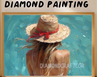 Woman with Straw Hat Diamond Painting Kit, Summer Beach Girl Diamond Art, Coastal Relaxing Woman Diamond Mosaic