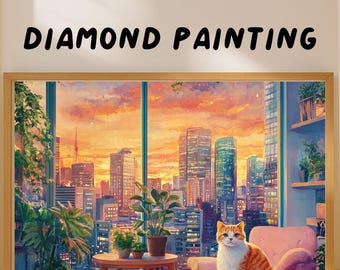 Cozy City Cat Diamond Painting Kit: Urban Sunset DIY Gem Art
