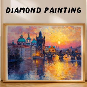 Prague Charles Bridge Diamond Painting Kit, Prague Sunset Cityscape Diamond Art, Romantic European City Diamond Mosaic