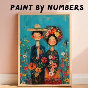 Folk Couple Paint By Number Kit Romantic Mexican Style Floral Painting DIY Acrylic Art for Adults, Whimsical Folk Decor Design