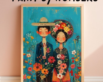 Folk Couple Paint By Number Kit Romantic Mexican Style Floral Painting DIY Acrylic Art for Adults, Whimsical Folk Decor Design