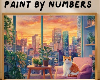 Paint by Numbers Kit, Cozy City Apartment Cat, Sunset Urban View, Wall Decor