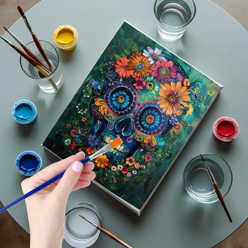 Floral Sugar Skull Paint by Numbers Kit, Day of the Dead DIY Art image 8