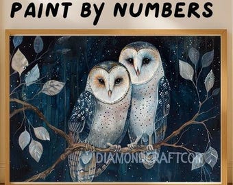 Kit de pintura por números "Pareja de búhos" - Bosque nocturno - Pintura acrílica DIY para adultos