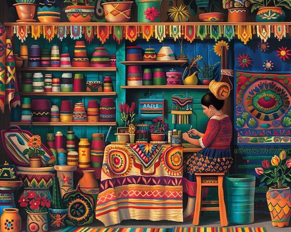 Mexican Folk Art Paint by Numbers Kit for Adults, Colorful Artisan Workshop, Yarn and Textile Studio Scene, DIY Acrylic Painting