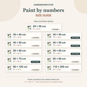 May include: A paint by numbers size guide chart by DIAMONDCRAFTCOR listing various dimensions in inches and centimeters. The chart displays options for no frame or with frame for sizes ranging from 8 by 12 inches to 43 by 79 inches.