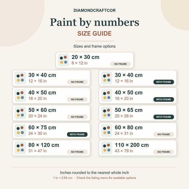 May include: A paint by numbers size guide chart by DIAMONDCRAFTCOR listing various dimensions in inches and centimeters. The chart displays options for no frame or with frame for sizes ranging from 8 by 12 inches to 43 by 79 inches.