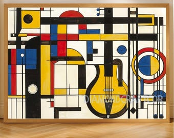 Abstract Guitar Wall Art, Mondrian Style Geometric Music Painting, Modern Primary Colors Decor