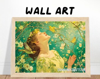 Art Nouveau Spring Woman Print, Floral Bird Goddess Poster, Romantic Botanical Artwork