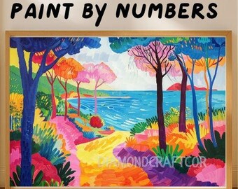 Landscape Paint By Number Kit Colorful Mediterranean Forest Coastal View Acrylic DIY Paint by Numbers for Adults, Vibrant Nature Painting