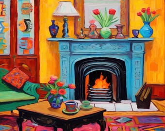 May include: An oil painting of a living room featuring a bright blue fireplace mantel with a burning fire, a wooden coffee table with a floral vase and teacup, a green sofa with a patterned pillow, and a vibrant pink and orange patterned rug.