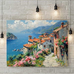 May include: An oil painting depicting a coastal village with terracotta-roofed buildings overlooking a deep blue sea. A stone path winds through pink flowers and lush greenery toward the water, with distant mountains under a bright, cloudy sky.