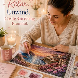May include: A diamond painting kit featuring a sunset coastal scene with a house, a pink mug with the text Good Things Take Time, a pink stylus, and small containers of colorful beads. The text Relax. Unwind. Create Something Beautiful. is visible.