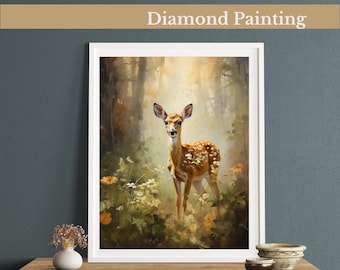 Gentle Fawn in Forest Glade Diamond Painting Kit,Gem Art Kits For Adults And Kids, Diy Rhinestones Art Diamond Painting Art, Home Wall Decor