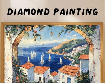 Greek Coastal Diamond Painting Kit, Greek Coastal, DIY Rhinestone Art for Calm Home Decor, Gem Art For Adults & Kids, Perfect Gift