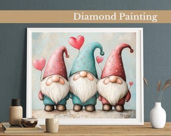 Diamond Painting: Whimsical Love Gnomes Diamond Painting Kit, Cute Valentine's Gnome Trio, Romantic Nordic Folk Art, DIY Full Drill Mosaic