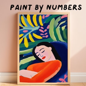 Woman Resting Paint By Number Kit Abstract Female Portrait Tropical Leaves Acrylic DIY Paint by Numbers for Adults, Calm Art Project