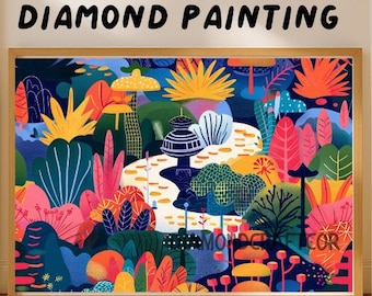 Whimsical Botanical Garden Diamond Painting Kit, Colorful Fantasy Landscape Diamond Art, Modern Nature DIY Decor