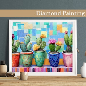 Diamond Painting: Mosaic Cactus Diamond Painting Kit, Colorful Succulent Art, Vibrant Cactus, Abstract Geometric Art, DIY Full Drill Mosaic