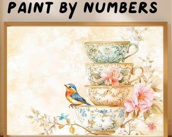 Paint by Numbers Kit, Vintage Teacups Songbird Stack, Pastel Floral Wall Art