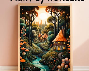 Fairy Forest Paint By Number Kit Whimsical Cottage River Sunset Acrylic DIY Paint by Numbers for Adults, Enchanted Landscape Art