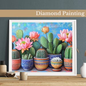 Diamond Painting: Kit di Diamond Painting Oasi nel deserto in fiore, Giardino di cactus, Arte boho, Fiori colorati in vasi, Mosaico fai da te con trapano completo