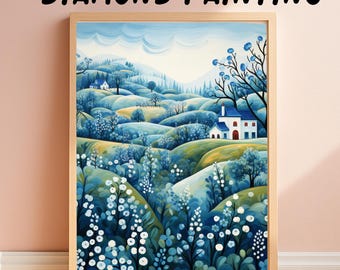 Blue Countryside Diamond Painting Kit, Whimsical Cottage Landscape Diamond Art, Floral Hills DIY Decor, Cottagecore Scene