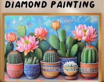 May include: A framed diamond painting featuring a vibrant array of cacti and lotus flowers in decorative pots. The artwork showcases a blue and green background with the text "DIAMOND PAINTING" at the top. The pots are in various colors and patterns.