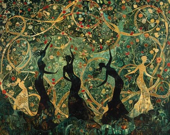 Könnte beinhalten: Ein dekorativer Wandkunstdruck mit vier silhouettierten Figuren in fließenden Kleidern, die vor einem komplexen, dunkelgrünen Waldhintergrund tanzen, der mit wirbelnden goldenen Ranken, zarten roten Blumen und detaillierten botanischen Mustern gefüllt ist.