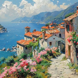 May include: An oil painting of a coastal village with terracotta-roofed buildings overlooking a deep blue sea. A stone path winds through the foreground, lined with vibrant pink flowers and green foliage, under a bright sky with white clouds.