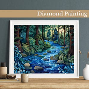 Kit de pintura diamante Serene River: arte de paisagem florestal faça você mesmo