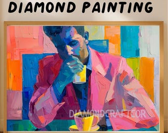 Abstract Coffee Diamond Painting Kit, Colorful Man Drinking Coffee Full Drill DIY Mosaic, Modern Wall Art for Coffee Lovers, Wall Art Decor