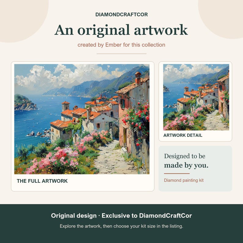 May include: A diamond painting kit featuring an original artwork by DiamondCraftCor. The image displays a coastal village with terracotta-roofed buildings, pink flowers, and a blue sea. Text includes 'An original artwork', 'THE FULL ARTWORK', 'ARTWORK DETAIL', and 'Designed to be made by you.'