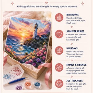 May include: A diamond painting kit featuring a lighthouse at sunset with pink flowers in the foreground. The set includes a tray with colorful beads, a stylus, and small containers of beads, presented in a box with text about gifting occasions.