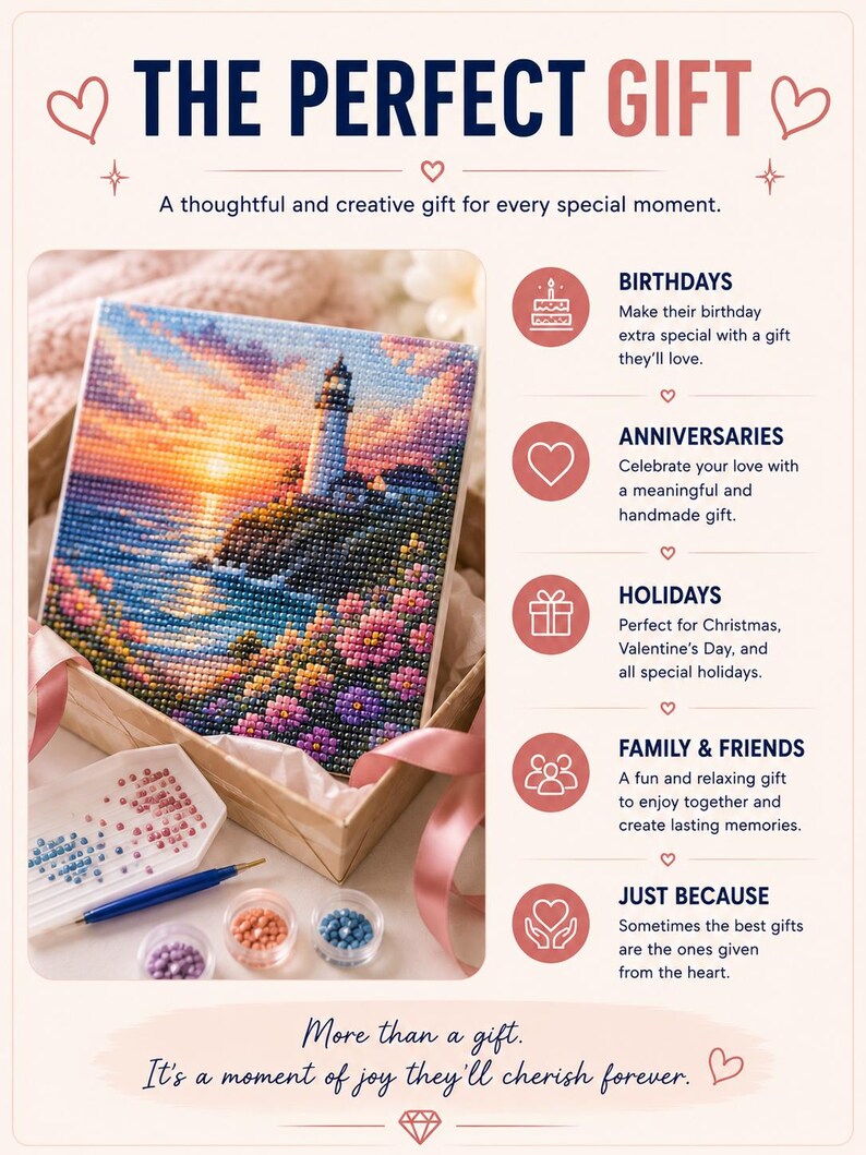 May include: A diamond painting kit featuring a lighthouse at sunset with pink flowers in the foreground. The set includes a tray with colorful beads, a stylus, and small containers of beads, presented in a box with text about gifting occasions.