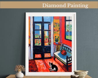 May include: Diamond painting of a room with a black and white dog sitting on a red and orange rug. The room has a large window with a view of a garden and a door leading outside. There is a couch in the room with a red pillow.