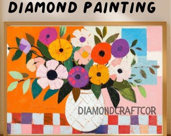 Colorful Floral Vase Diamond Painting Kit, Modern Flower Bouquet Diamond Art, Bright Still Life DIY Home Decor