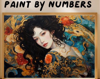 Oriental Beauty Paint by Numbers Kit, Woman Dragon Art, DIY Floral Painting, Wall Decor