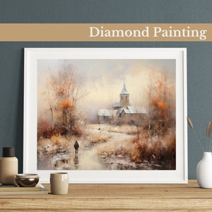 Igreja com neve na véspera de Natal Kit de pintura de diamante, estilo Monet, arte faça você mesmo para decoração festiva de casa, arte com pedras preciosas para adultos e crianças
