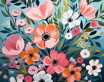 May include: A vibrant floral painting featuring a bouquet of pink, orange, and white flowers with dark centers, arranged in a striped vase. The composition includes various green leaves and stems against a gradient background transitioning from light blue to dark navy.