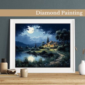 Kit de pintura de diamante Moonlit Cottage, estilo Monet, arte faça você mesmo para decoração de casa pacífica, arte com pedras preciosas para adultos e crianças