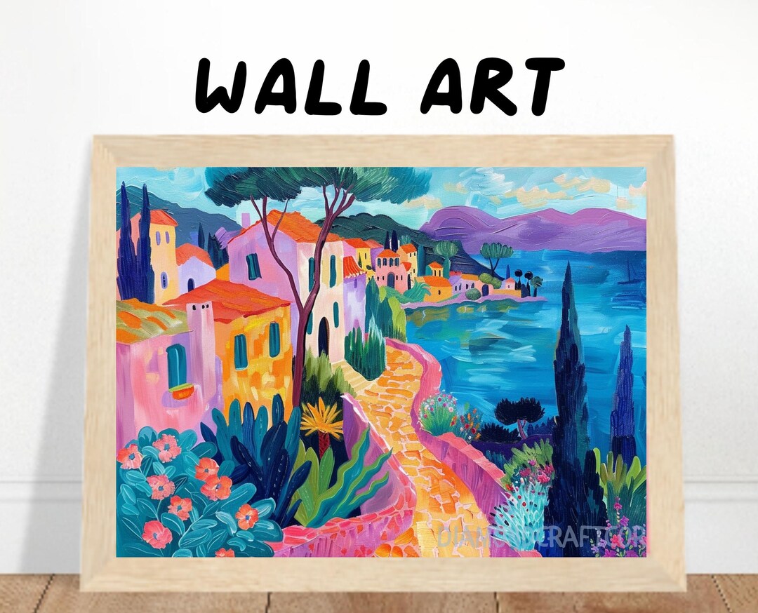 Mediterranean Coastal Village Wall Art Print, Colorful Seaside Path ...