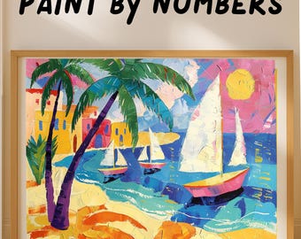 Tropical Sailboats Paint by Numbers Kit: Coastal Sunset DIY Canvas Art