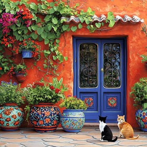 May include: A vibrant orange wall features a bright blue double door with ornate metal grilles. Several large, colorful ceramic pots with floral patterns hold green plants and red flowers. A black and white cat and an orange cat sit on the stone patio.